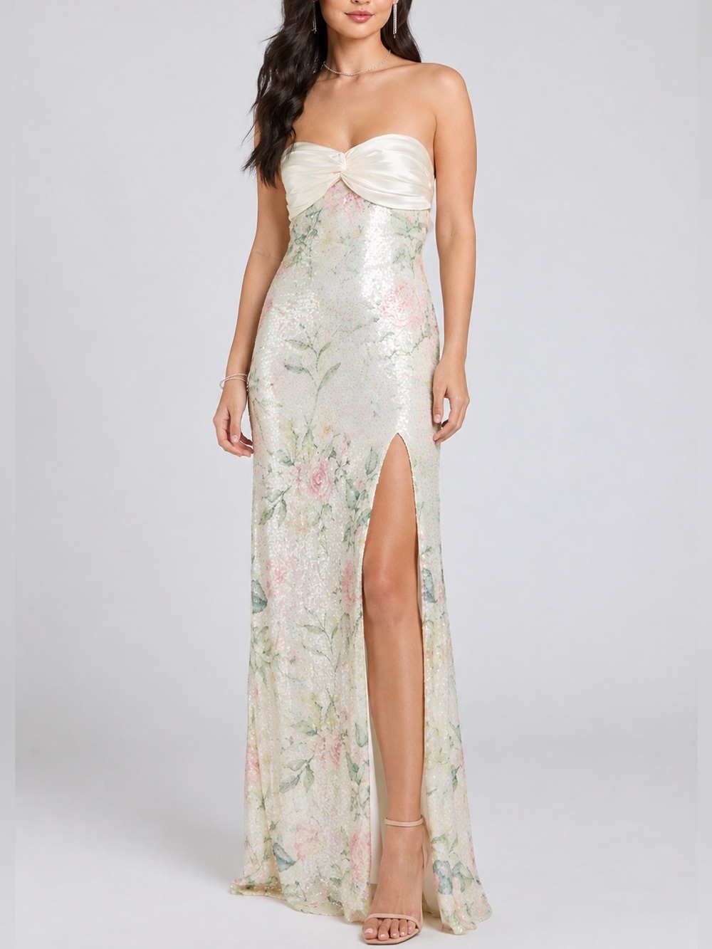 🆕🌷City Studios NWT Ivory Floral Sequin Tie-Back Prom Formal Gown Size 9/10